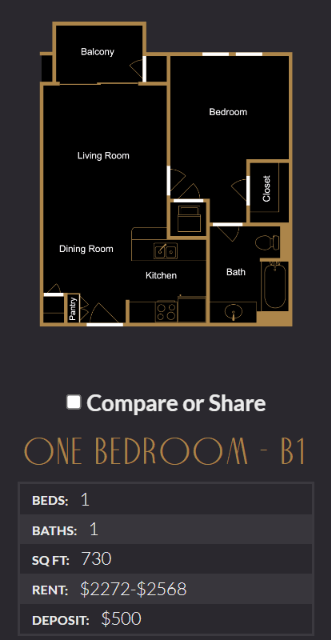 Floor plan for 1 bed, 1 bath, 730 sqft
